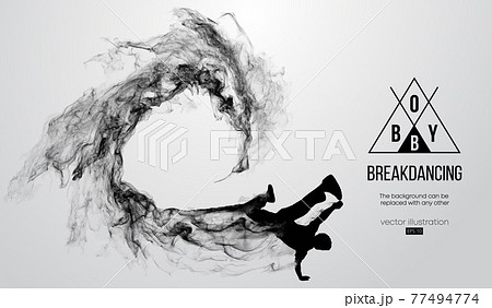 Abstract silhouette of a breakdancer, man, bboy, breaker, breaking on the white background from particles, dust, smoke. Hip-hop dancer. Background can be changed to any other. Vector illustration 77494774