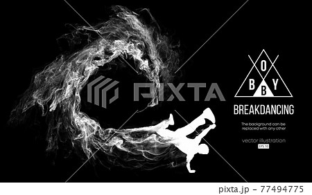 Abstract silhouette of a breakdancer, man, bboy, breaker, breaking on the dark black background from particles, dust, smoke. Hip-hop dancer. Background can be changed to any other. Vector illustration Abstract silhouette of a breakdancer, man, bboy, breaker, breaking on the dark black background from particles, dust, smoke. Hip-hop dancer. Background can be changed to any other. Vector illustration 77494775
