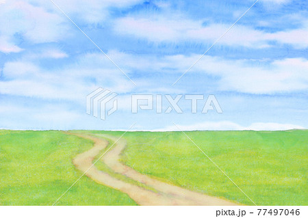 緑の草原と青空水彩画 77497046