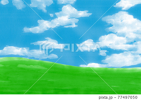 緑の草原と青空水彩画のイラスト素材