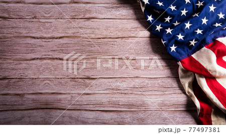 Happy memorial day concept made from american flag on old wooden background. 77497381