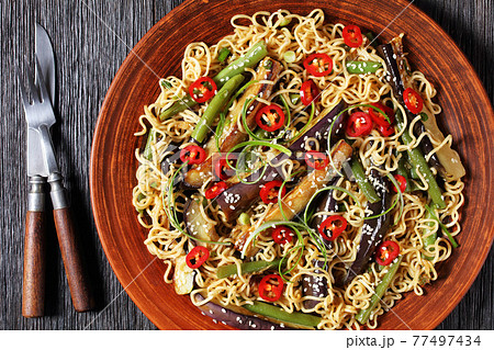 eggplant green bean noodle salad, top view 77497434
