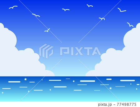 マリンブルーの海が広がる 空 雲 海 鳥 夏イメージ背景素材のイラスト素材