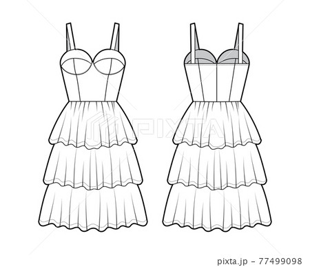 Bustier dress technical fashion illustration with sleeveless, cups, fitted body, 3 row knee length ruffle tiered skirt. 77499098