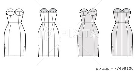 Tube dress technical fashion illustration with bustier, strapless, fitted body, knee length skirt. Flat garment apparel  77499106