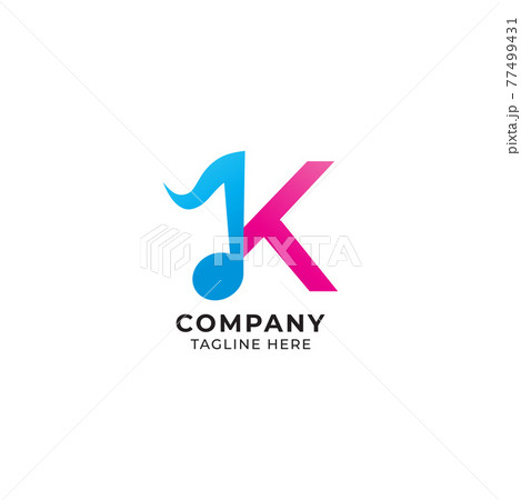 Colorful Letter K Alphabet Music Logo Design Isolated on White Background. Initial and Musical Note logo concept. Monogram Lettermark Logotype. Pink Magenta, Blue Color Theme 77499431