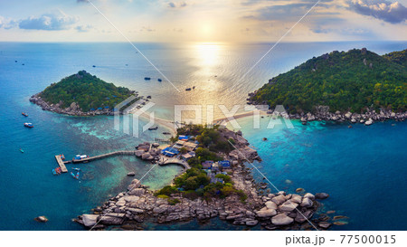 Aerial view of Koh NangYuan island in Surat Thani, Thailand. Aerial view of Koh NangYuan island in Surat Thani, Thailand. 77500015