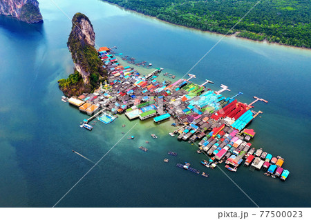 Aerial view of Panyee island in Phang Nga, Thailand. 77500023