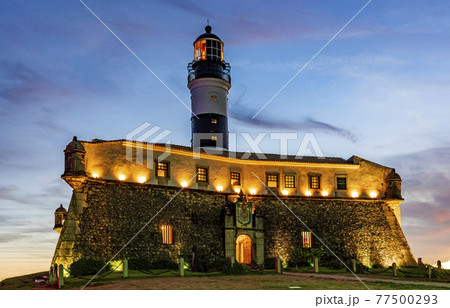 Image of the Farol da Barra lighthouse during sunset Image of the Farol da Barra lighthouse during sunset 77500293