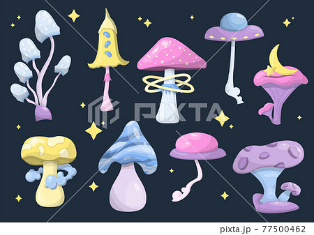 Set of vector magic mushrooms. Space cartoon mushrooms. Colorful illustrations of space with flying saucers, planets and stars. Banner, advertisement, poster. A set of witch icons for Halloween. 77500462