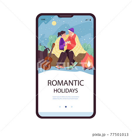 Girl and guy together enjoying romantic holidays sitting near bonfire outdoor. 77501013