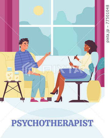 Woman psychotherapist talking with unhappy young man having mental problem. Woman psychotherapist talking with unhappy young man having mental problem. 77501048