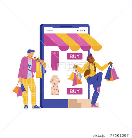 Happy male shoppers customer of online shops enjoy crazy sale and discounts. Happy male shoppers customer of online shops enjoy crazy sale and discounts. 77501097