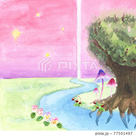 手描き水彩画背景 グラデーションの空から滝が落ち 野原には花やベリー大木がある おとぎ話の風景画のイラスト素材