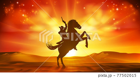 Cowboy Riding Horse Silhouette Sunset Background 77502015
