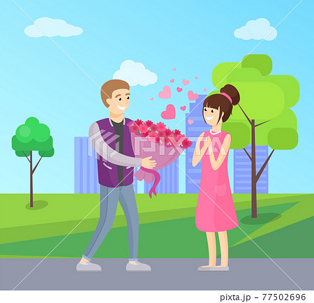 Man Presenting Luxury Bouquet of Flowers to Woman 77502696