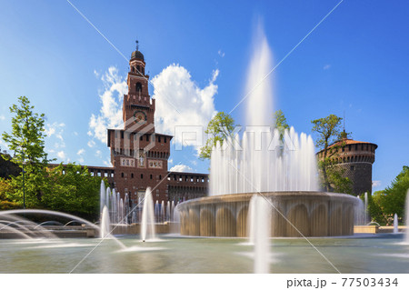 Milan Sforza castle and fountain sunny day 77503434