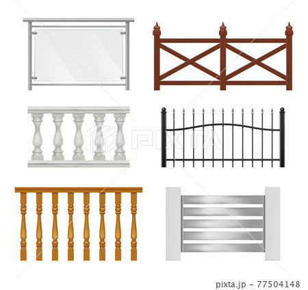 Architectural railing. Wooden metal plastic or glass sections for balcony handrails pillar decoration vector realistic collection Architectural railing. Wooden metal plastic or glass sections for balcony handrails pillar decoration vector realistic collection 77504148