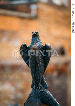 Tbilisi, Georgia. Statue Of Falcon In Ancient District Abanotubani Of Tbilisi Also Known As Sulfuric Baths Or Bath District Tbilisi, Georgia. Statue Of Falcon In Ancient District Abanotubani Of Tbilisi Also Known As Sulfuric Baths Or Bath District 77504261