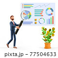 3D illustration of man with huge magnifying glass researching a business dashboard with graphs.  77504633
