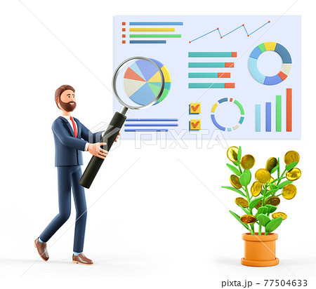 3D illustration of man with huge magnifying glass researching a business dashboard with graphs.  77504633
