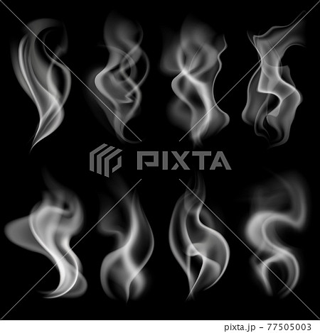 White realistic smoke. Food steam, hookah or cigarette, hot tea or coffee vapor texture, fog mist or smog abstract elements, steam effect. Isolated on black background vector set 77505003