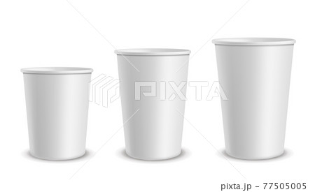Paper white cups. Container different size cup for drinks, lemonade and juice, hot coffee, tea or ice cream. Empty 3d realistic mockup for branding. Blank plastic packaging vector set 77505005