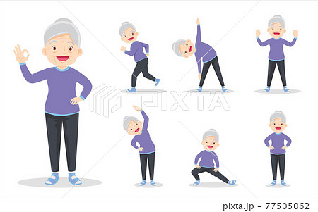 bundle set of smart elderly woman on exercise various actions 77505062