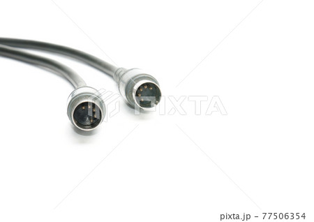 Stereo analog cable with DIN plug on white background Stereo analog cable with DIN plug on white background 77506354
