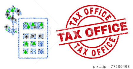 Tax Office Distress Seal Stamp and Financial Calculator Composition of Covid Winter Items 77506498