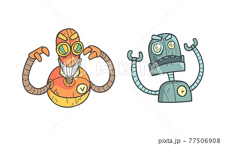Metal Robot with Different Emotions as Cartoon Mechanical Android in Outline Style Vector Set Metal Robot with Different Emotions as Cartoon Mechanical Android in Outline Style Vector Set 77506908