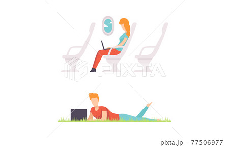 Young Man and Woman Sitting with Laptop Working from Anywhere Vector Set Young Man and Woman Sitting with Laptop Working from Anywhere Vector Set 77506977