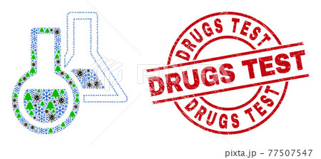 Drugs Test Textured Badge and Chemical Glassware Composition of Coronavirus Winter Icons 77507547