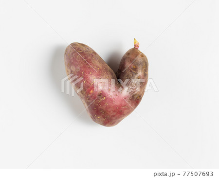 Trendy ugly food concept. Funny potatoes in the shape of a heart on a white background. Vegetable with a strange shape. Trendy ugly food concept. Funny potatoes in the shape of a heart on a white background. Vegetable with a strange shape. 77507693