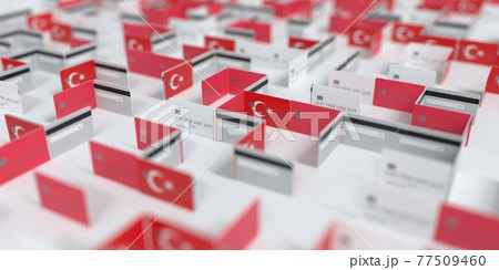 Fictional credit card maze with flag of Turkey. Financial problems related 3D rendering Fictional credit card maze with flag of Turkey. Financial problems related 3D rendering 77509460
