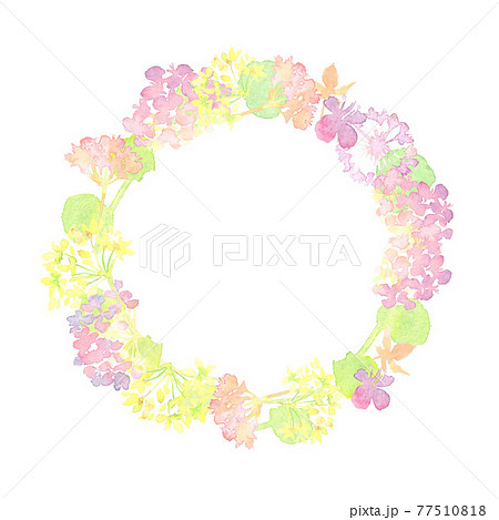 水彩で描いたカラフルな花の円フレーム 77510818