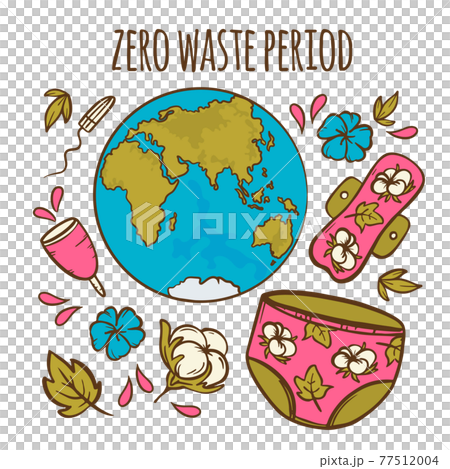 ZERO WASTE HYGIENE Organic Feminine Gynecological Healthcare Hand Drawn Vector Illustration Set 77512004