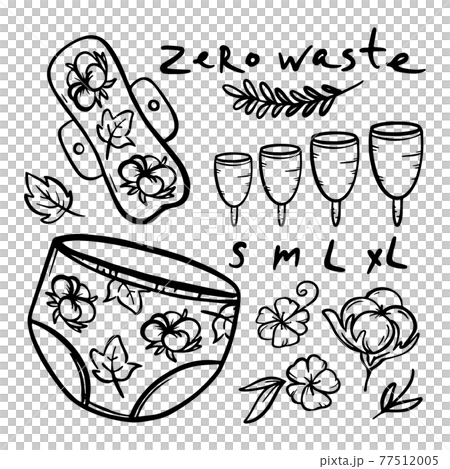 ZERO WASTE Feminine Hygiene Gynecological Healthcare Hand Drawn Vector Illustration Set 77512005
