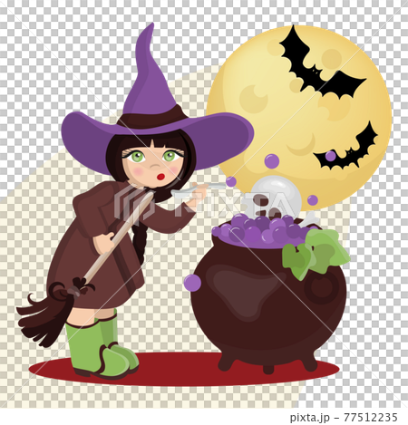 WIZARD MOON Mystic Holiday Halloween Cartoon Hand Drawn Flat Design Witch Girl Vector Illustration Set For Print 77512235
