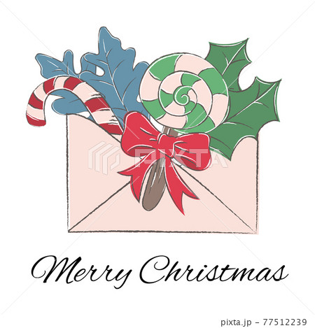 WINTER LETTER With Lollipops Tied With A Red Bow And Gifts Merry Christmas Hand Drawn Cartoon Clip Art In Grunge Style Vector Illustration Set For Print 77512239