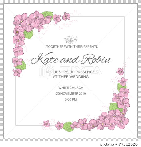WEDDING INVITE Frame Template With Pink Flower Compositions In The Corners With Text In The Middle Cartoon Clip Art Vector Illustration Set For Print 77512526