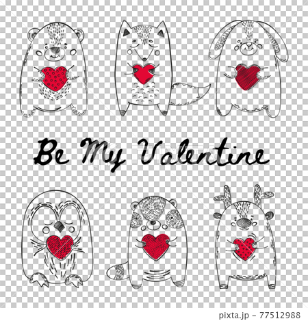 VALENTINE ANIMALS Monochrome Cute Babes Of Funny Animals With Red Hearts In Hands Cartoon Clip Art With Handwriting Text Vector Illustration Set for Print 77512988