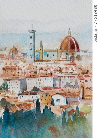 ヨーロッパの街フィレンツェの水彩画風景画のイラスト素材 [77513480