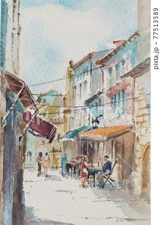 南フランスの小さな町 水彩画 風景画のイラスト素材 [77513589] - PIXTA