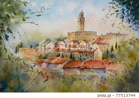 ヨーロッパの小さな村 水彩画 風景画のイラスト素材