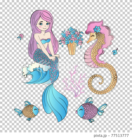 UNDERWATER EASTER Long Haired Mermaid Princess Girl Seahorse With Flower Bouquet And Fishes Holiday In Sea Cartoon Clip Art Vector Illustration Set For Print 77513777