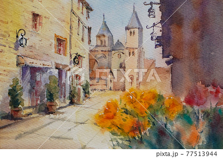 南フランスの小さな村 水彩画 風景画のイラスト素材 [77513944] - PIXTA