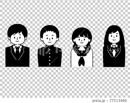 モノクロ人物アイコンセット 学生男女4人のイラスト素材