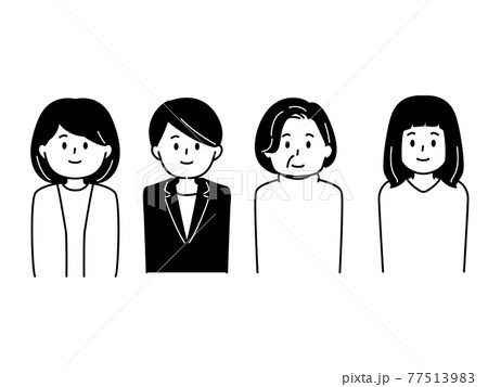 モノクロ人物アイコンセット 女性4人のイラスト素材