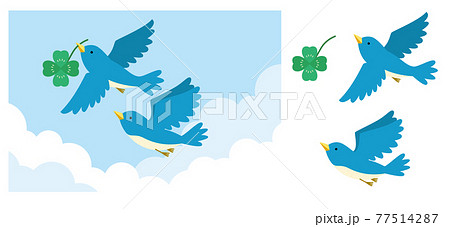 四葉のクローバーをくわえた青い鳥が飛んでいるイラスト素材のイラスト素材
